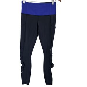 Lululemon Ruched Leggings Pants Womens Size 6 Blue Black Gym Activewear Workout